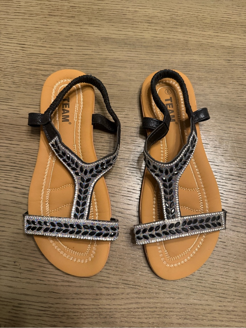 Team Black Jeweled T‑Strap Sandals for Women